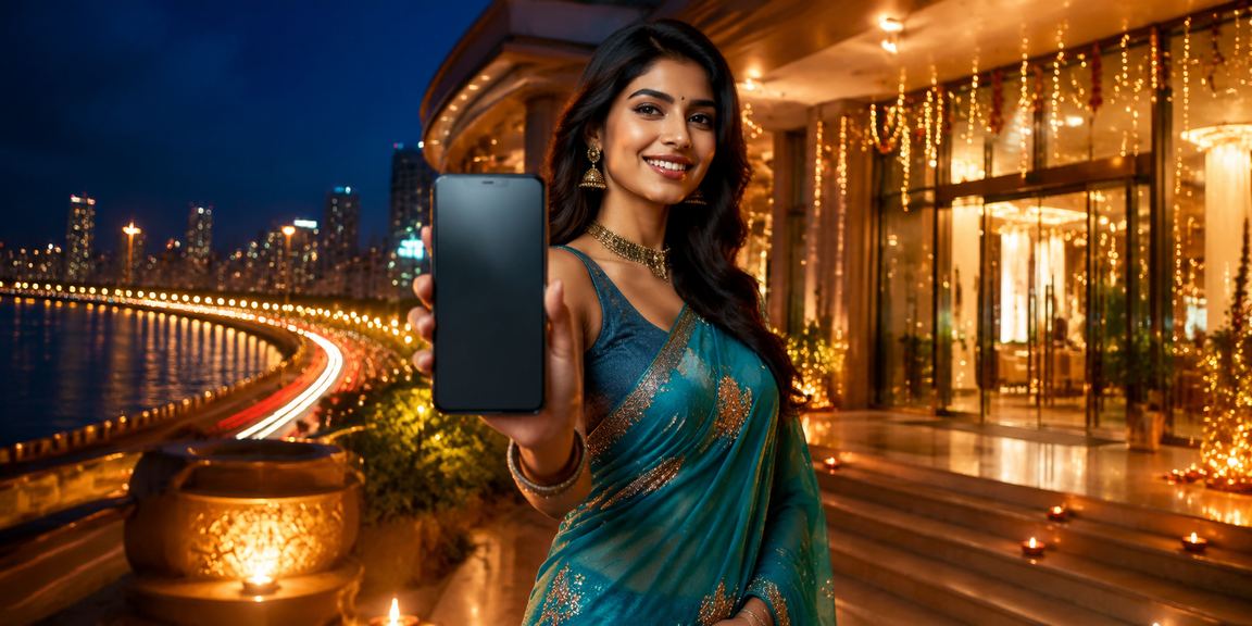 Woman playing casino games on mobile at Mumbai Marine Drive